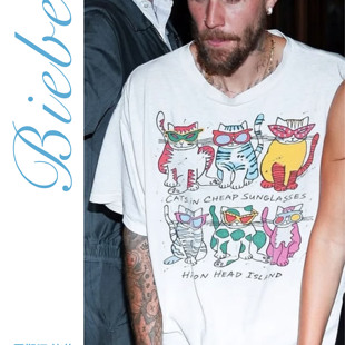T恤白色 宽松短袖 比伯同款 卡通猫咪趣味印花unisex男女同款