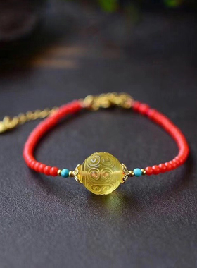 可调红水晶手链 蜜蜡回纹珠手链 配绿松石手链 蜜蜡手链