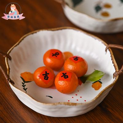 玺闻乐见景德镇陶瓷复古手工盘釉下手提水果盘双耳家用菜盘果篮子