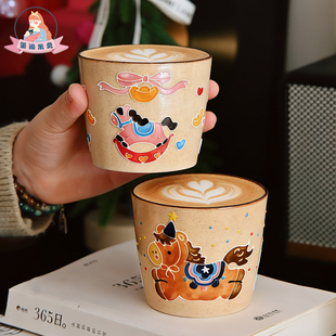 玺闻乐见景德镇手绘陶瓷咖啡杯可爱小马年情侣对杯萌趣拉花水杯子