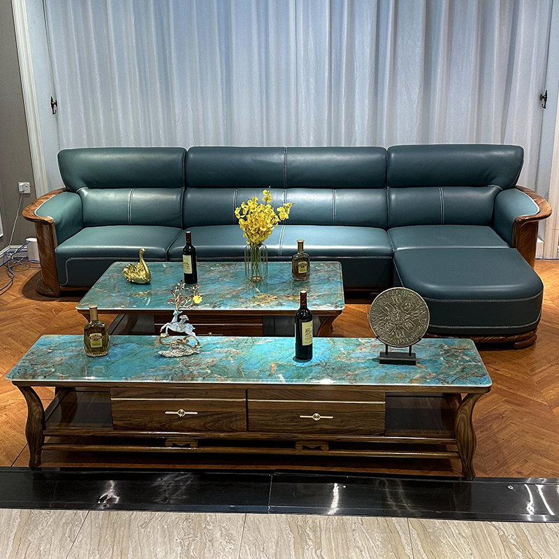 新中式乌金木真皮转角贵妃沙发现代简约直排小户型实木客厅组合
