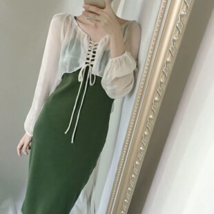 【六月樱桃】晚晚同款吊带连衣裙包臀修身显瘦棉有弹性舒服军绿色
