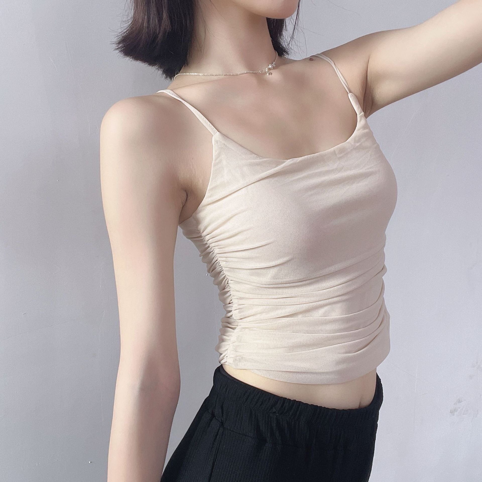 绝美重工褶皱复古 vintage网纱吊带唯美浅色法式短背心