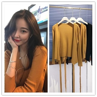 上衣ins超火 系带显瘦显白小女人针织衫 小八同学2018秋季 新款