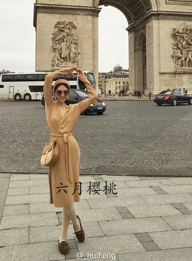 huifeng同款驼色连衣裙V领绑带腿部开叉