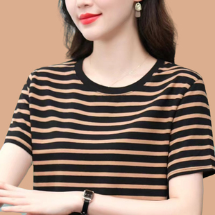 t恤女士遮肚子黑白条纹体恤小衫 夏季 宽松短袖 大码 纯棉上衣服 新款