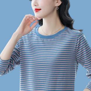 时尚 早秋宽松显瘦打底衫 圆领遮肚上衣 2025新款 纯棉条纹t恤女长袖