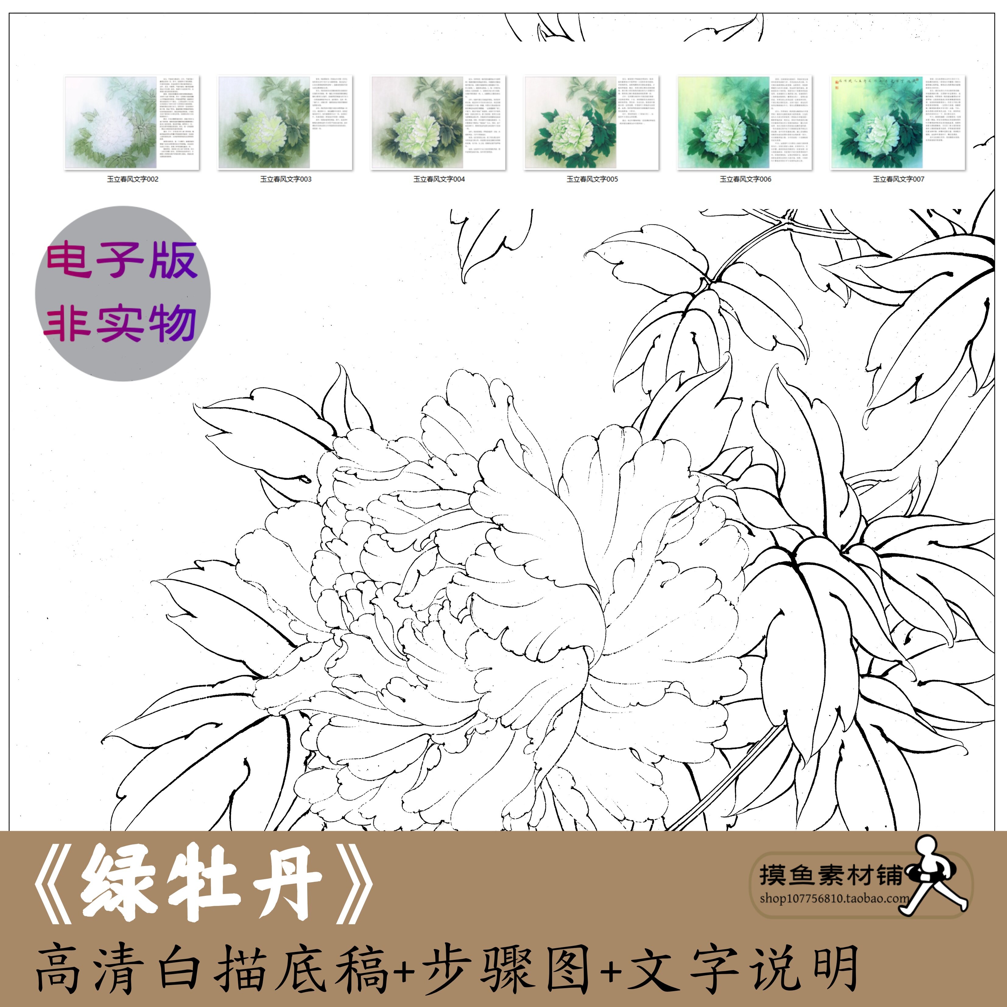 工笔画绿牡丹白描底稿电子版工笔花鸟国画初学者临摹参考素材x275