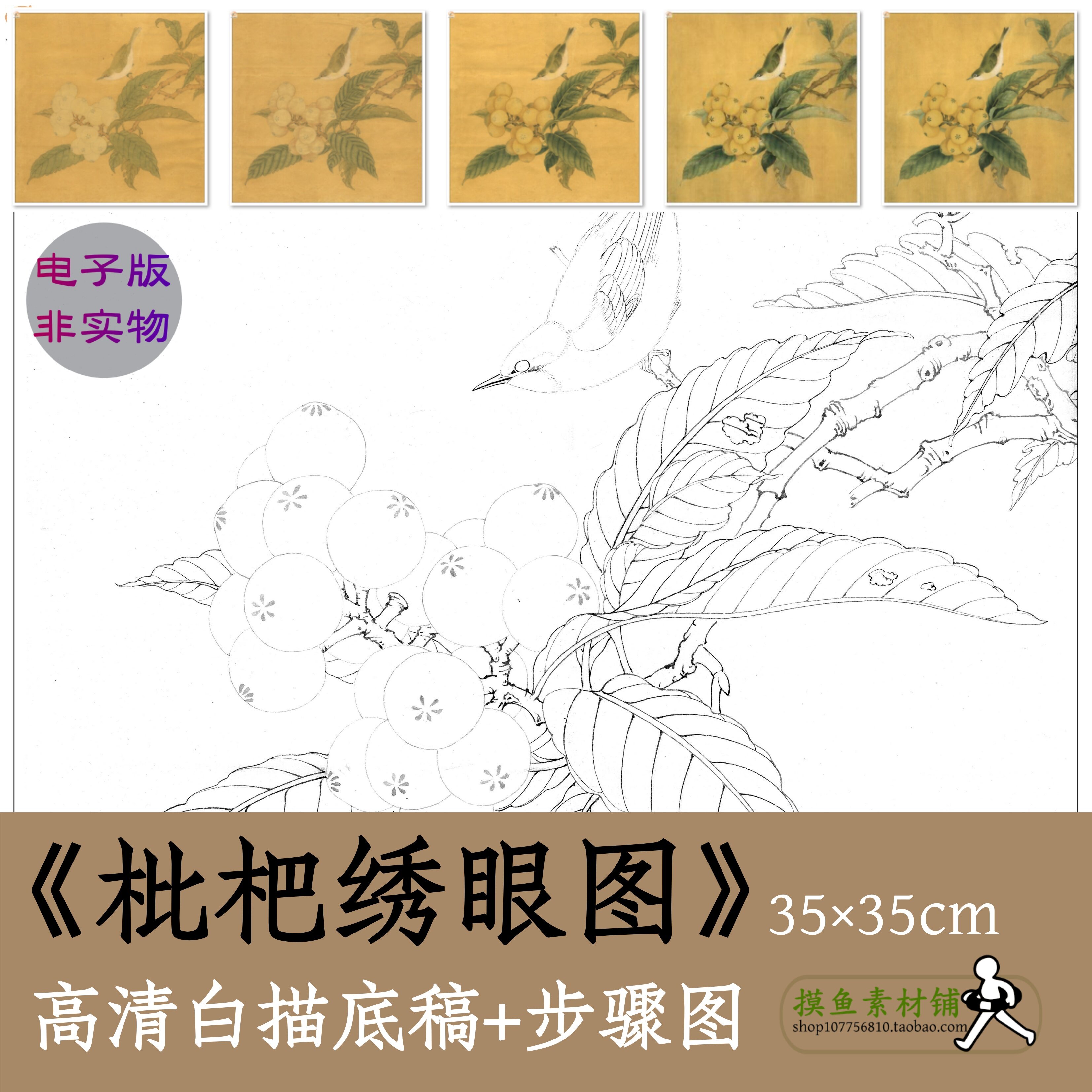 国画工笔花鸟画白描底稿电子版x053《临宋枇杷绣眼图