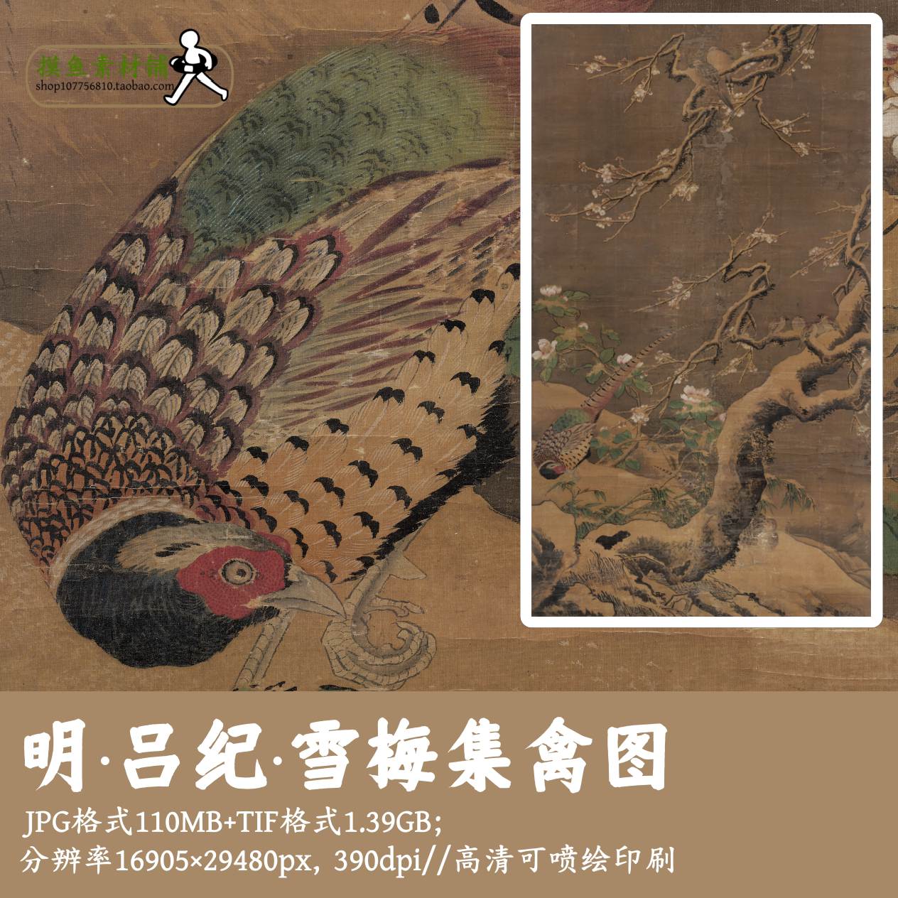 明吕纪/雪梅集禽图/中国画古画原图工笔禽鸟锦鸡图电子版G17028