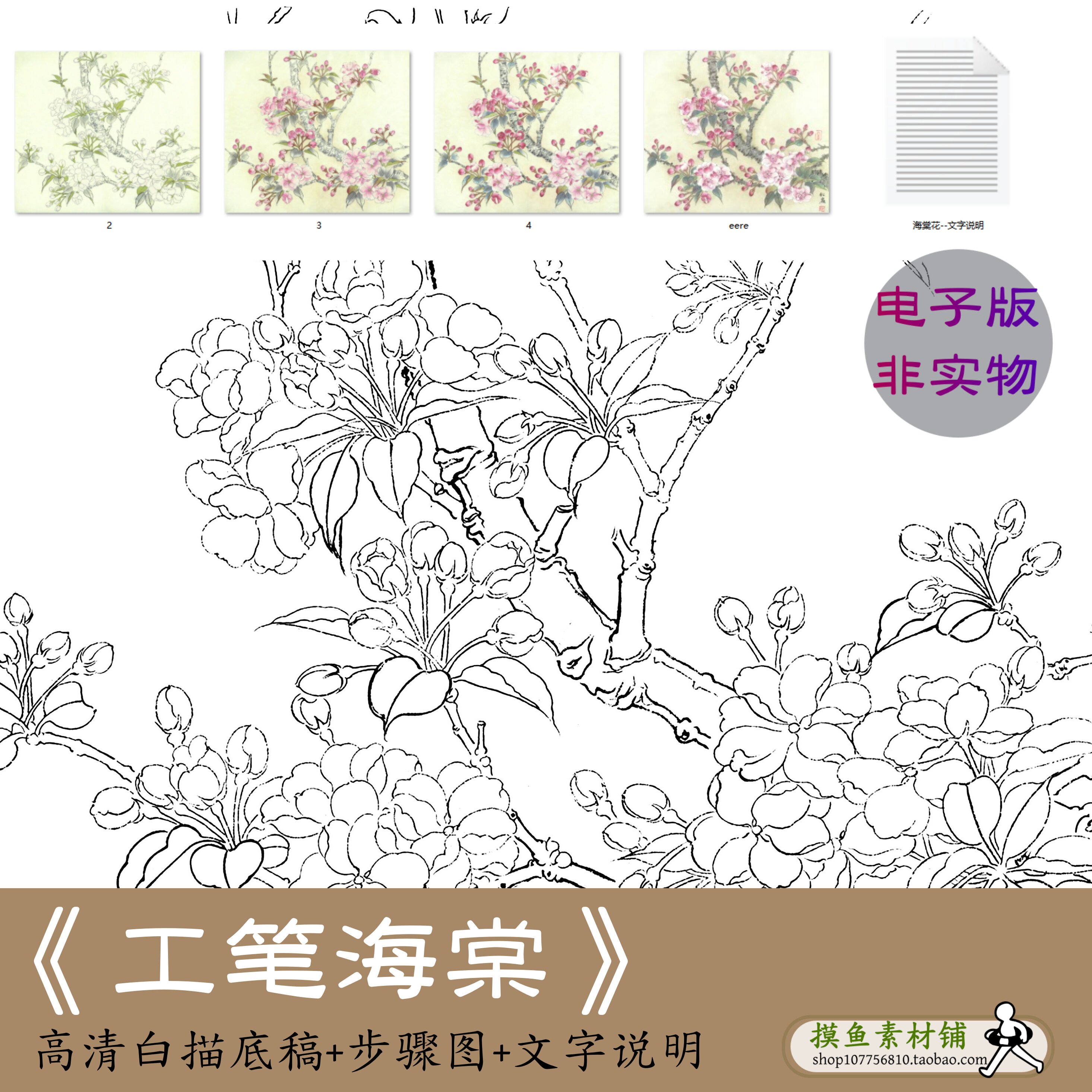 工笔海棠花 高清白描底稿电子版 初学者临摹勾线稿有步骤图x198