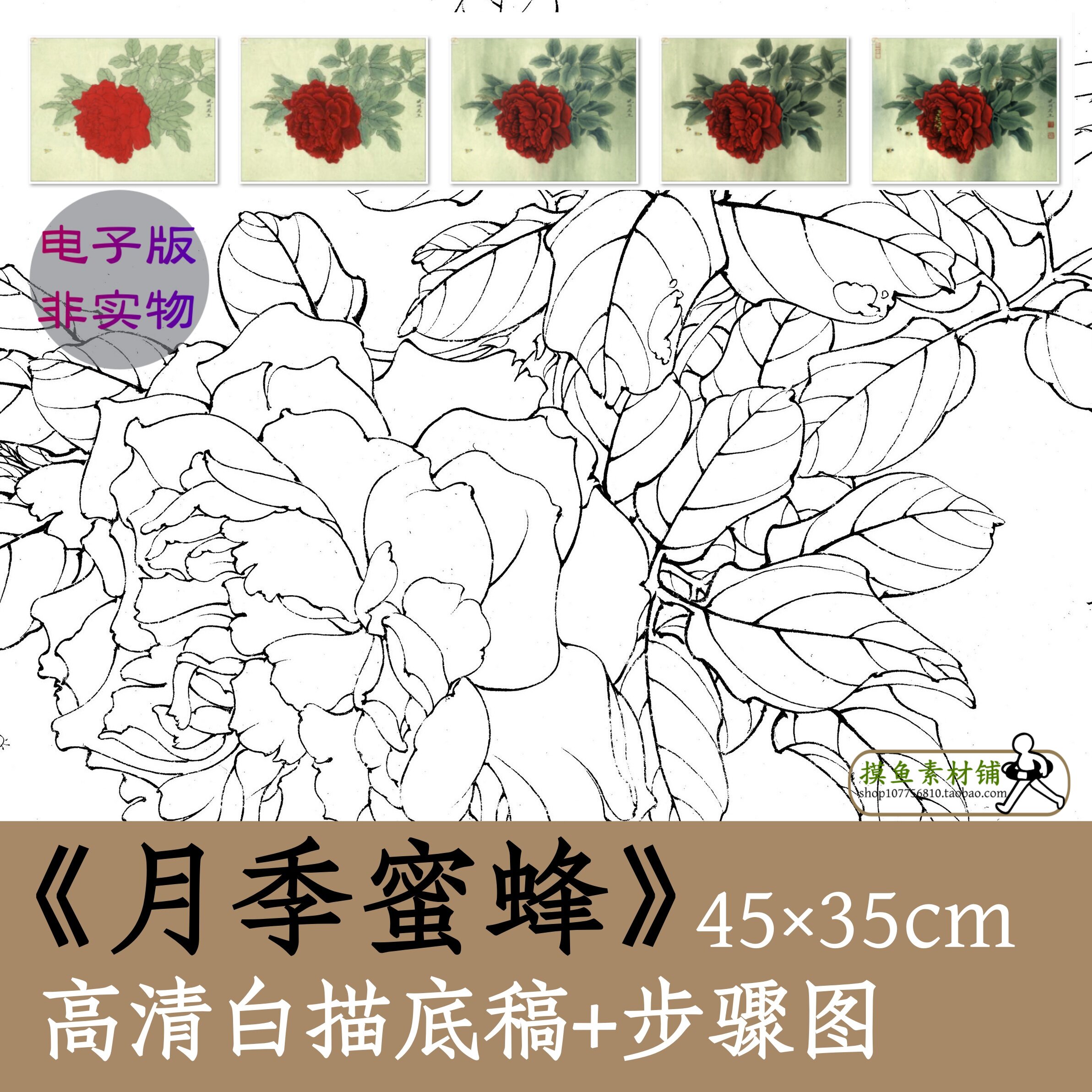 月季蜜蜂图电子版白描底稿中国画月季图工笔花鸟画勾线稿x087