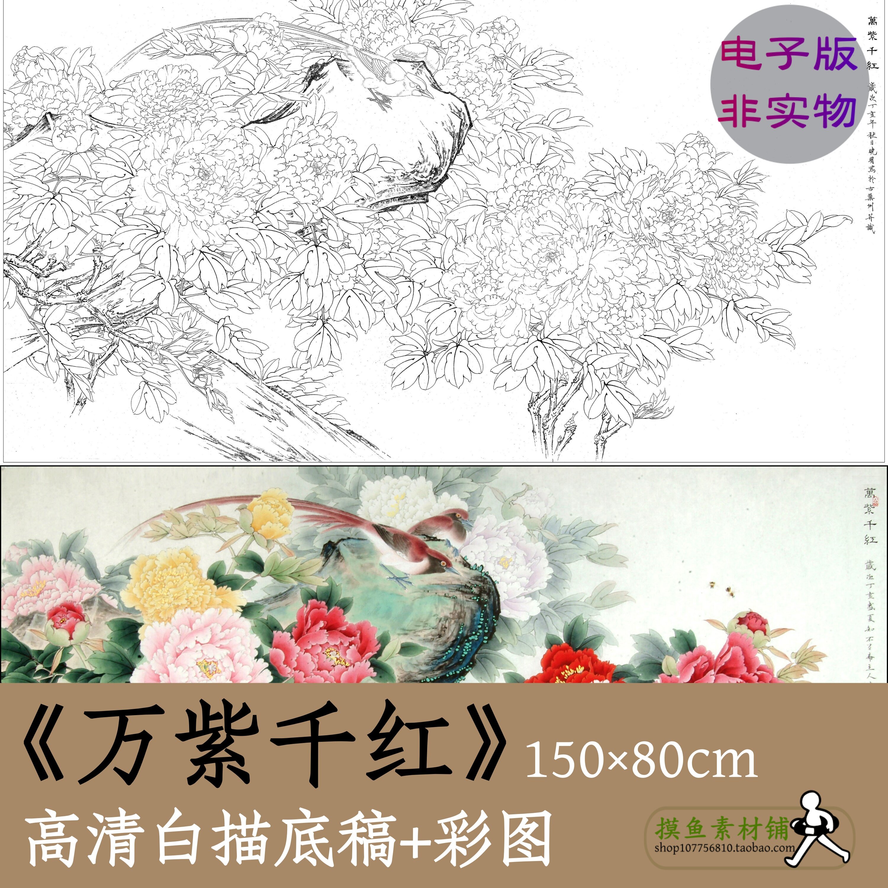 中国画工笔牡丹图工笔花鸟画电子版白描勾线稿带彩图万紫千红x080