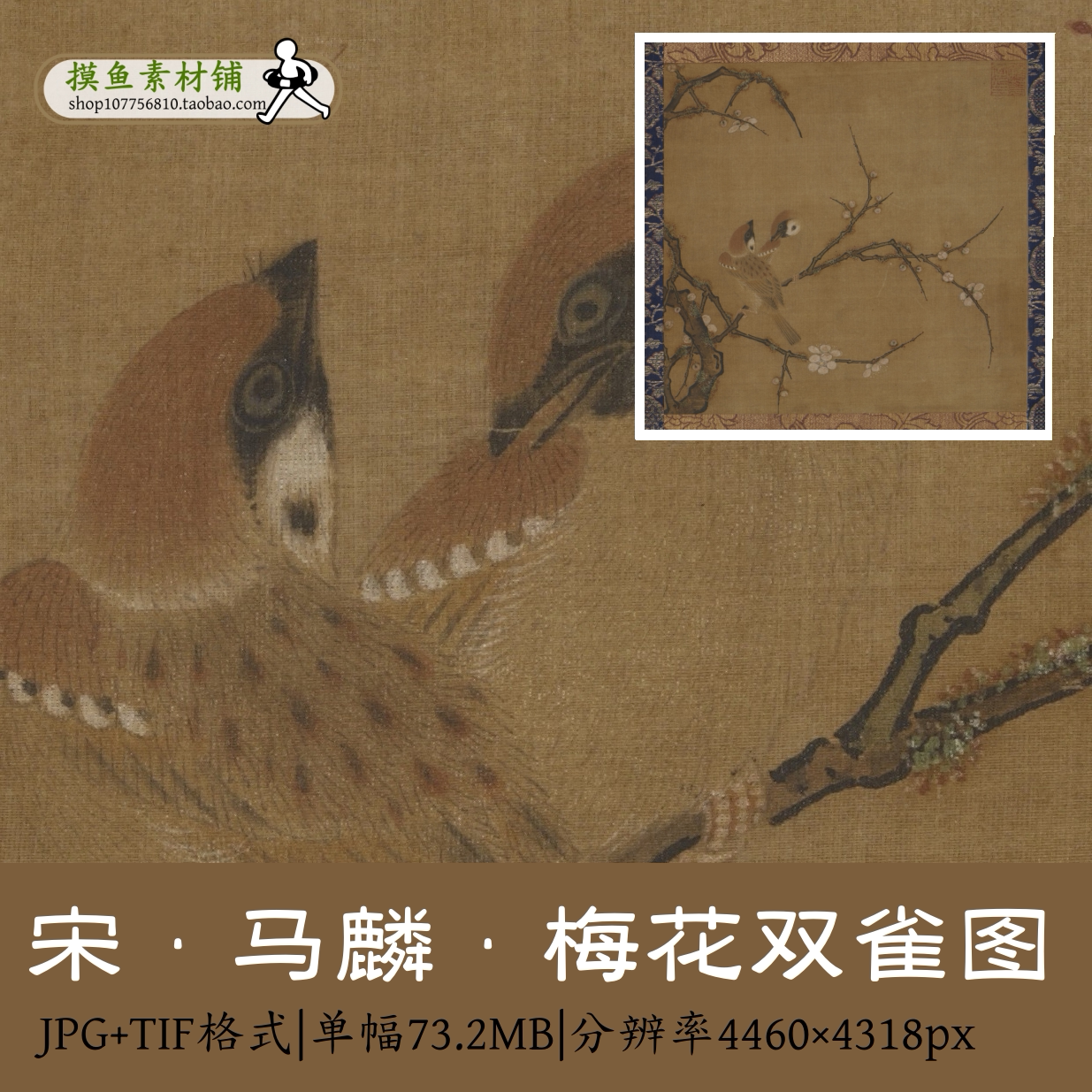 宋 马麟(传) 梅花双雀图/工笔梅花麻雀高清宋画古画临摹素材tif