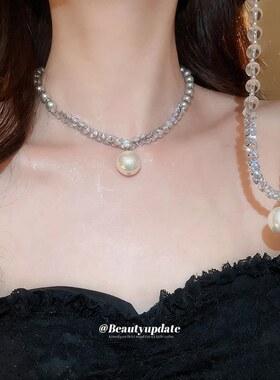 欧美新款灰色珍珠拼钻吊坠项链女串珠轻奢简约设计百搭锁骨链颈链