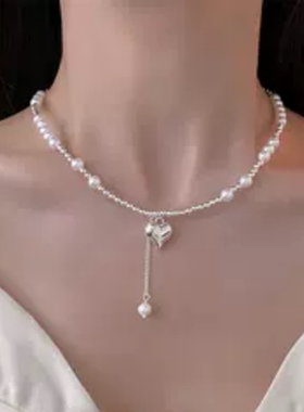 达令 银色爱心珍珠项链 明星同款 女士简约锁骨链choker 气质颈链