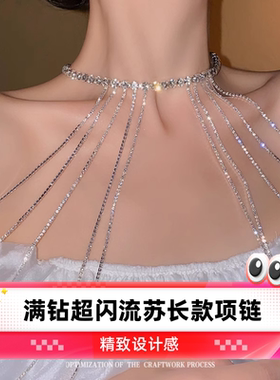 达令 满钻超闪流苏长款项链 轻奢设计感胸链 锁骨链 颈链 身体链