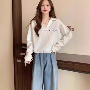 日版冠军卫衣女秋新款V领纯棉设计感抽绳宽松套头polo衫长袖上衣