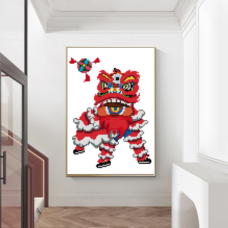 舞狮三中国风系列 2022新款印花十字绣 长方形客厅餐厅装饰画线绣