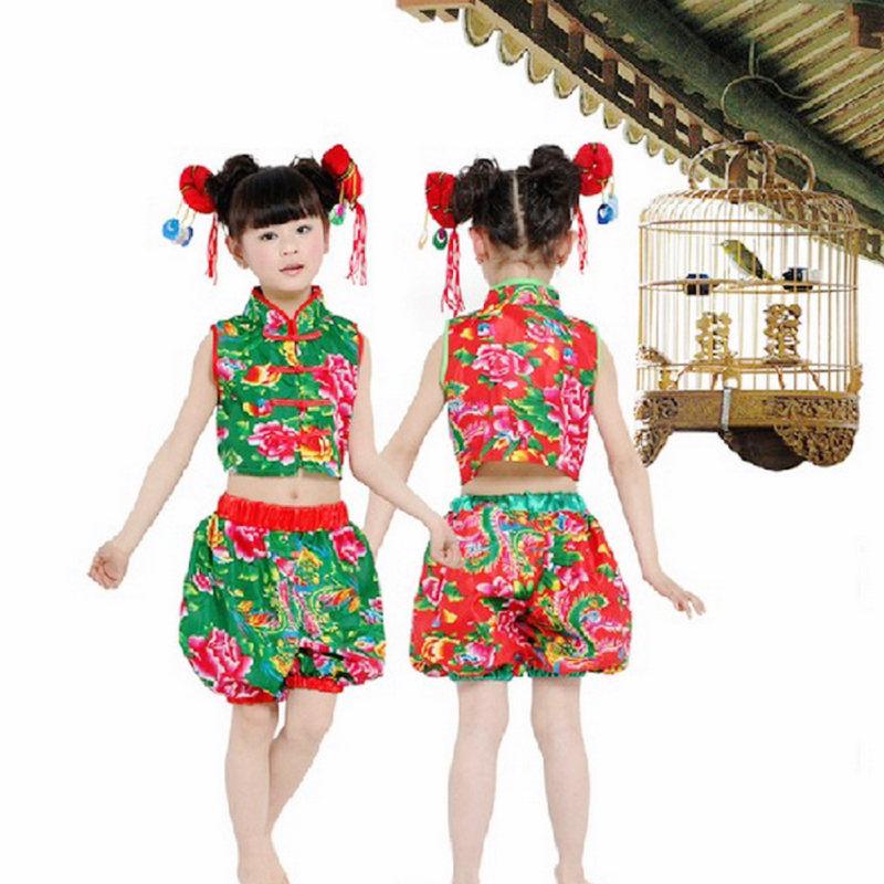 儿童中国娃娃合唱演出服女孩民族风秧歌服东北大花布二人转表演服