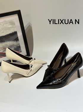 伊丽宣黑色尖头高跟鞋女真皮2025新款皮带扣浅口细跟单鞋D78C-81