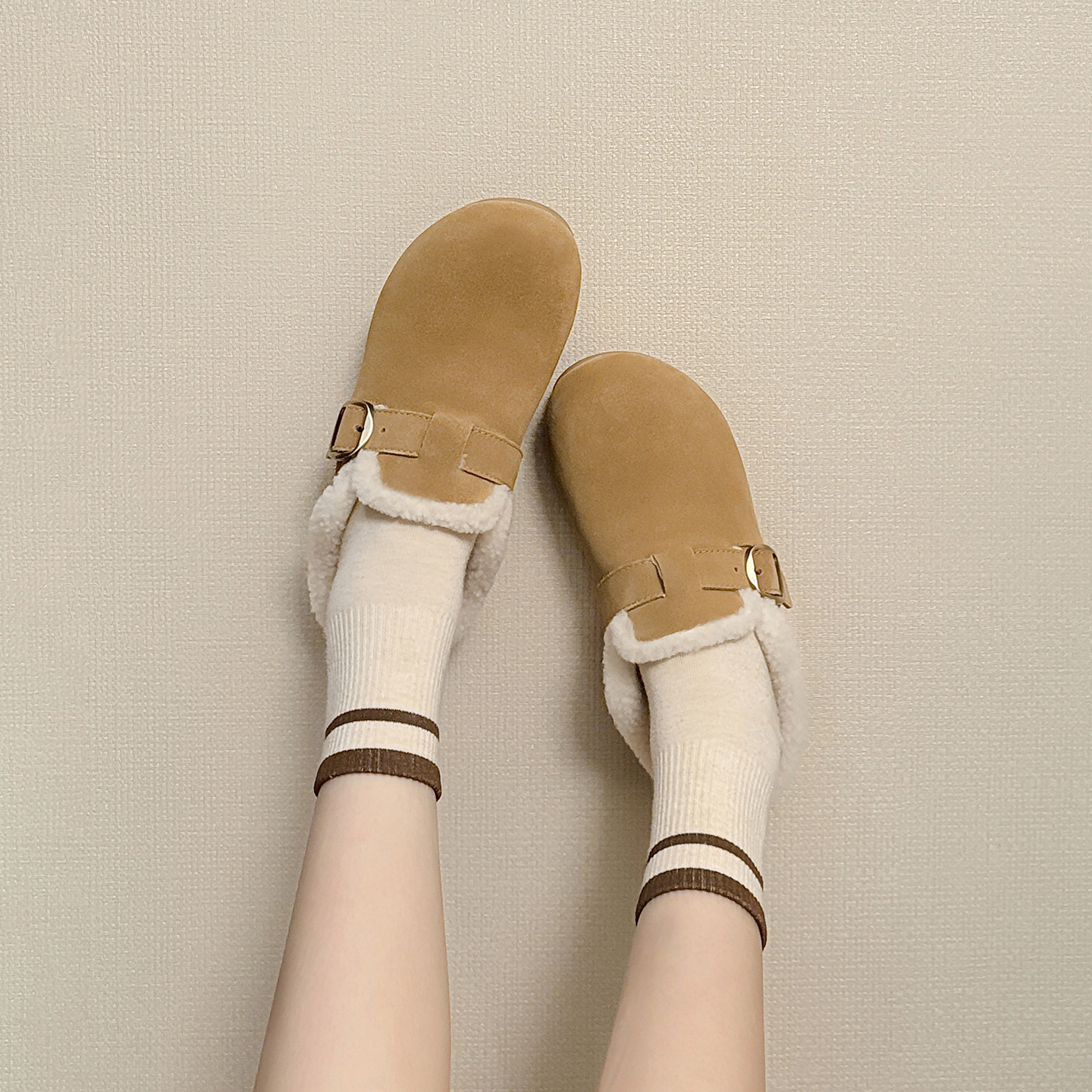 2025冬款加绒加厚外穿博肯鞋女小个子增高5.5cm一脚蹬搭扣毛毛拖