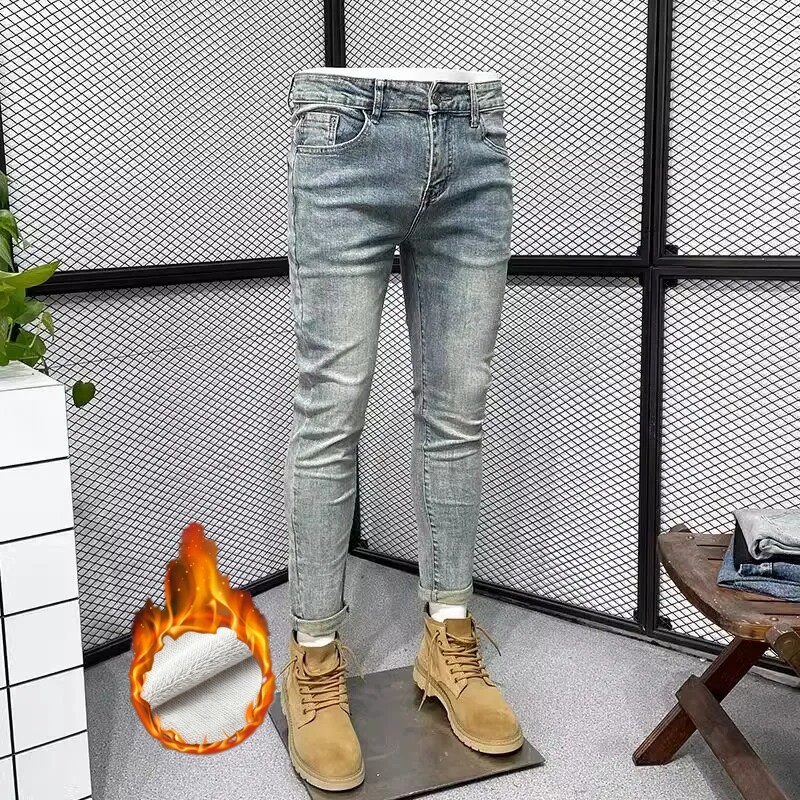 潮男秋冬加绒加厚新韩版保暖复古修身小脚牛仔裤社会小伙快手潮