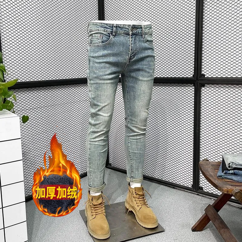 潮牌百搭加绒加厚牛仔裤男弹力韩版潮流修身小脚裤秋冬季保暖长裤