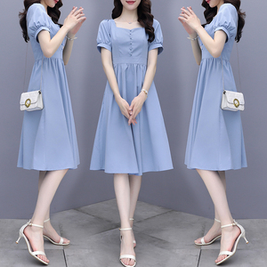 RM10573#可盐可甜小个子气质夏季新款减龄低胸显瘦蓝色方领连衣裙女