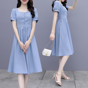 RM10573#可盐可甜小个子气质夏季新款减龄低胸显瘦蓝色方领连衣裙女