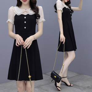 RM10577#黑色娃娃领连衣裙女夏2023年新款修身显瘦小个子气质小黑裙