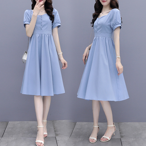 RM10573#可盐可甜小个子气质夏季新款减龄低胸显瘦蓝色方领连衣裙女