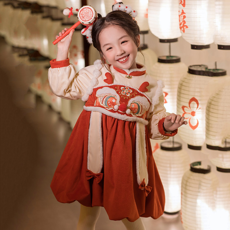 贝优可女童汉服冬季儿童改良中国风唐装冬季古风连衣裙拜年服套装