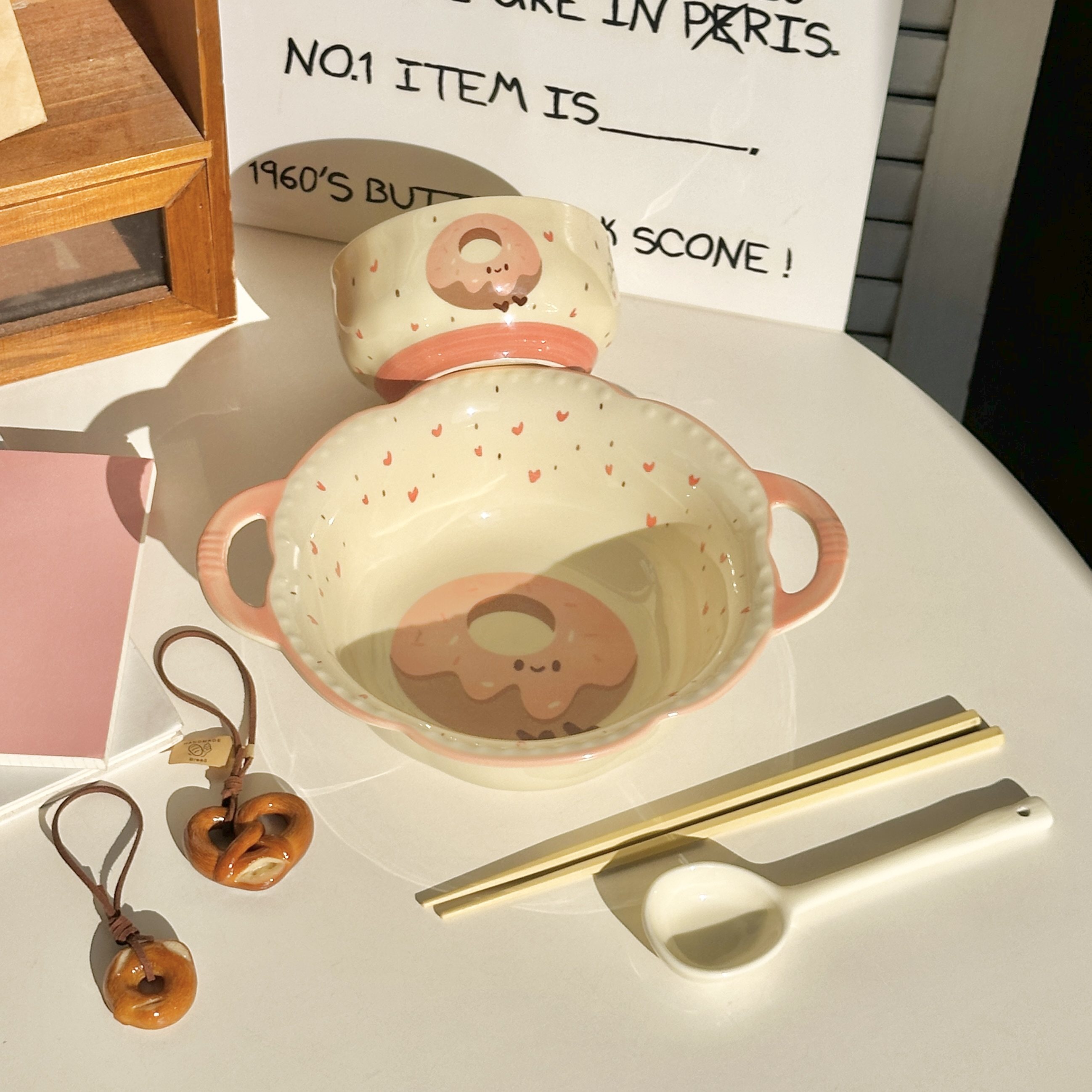 奶油风甜甜圈双耳陶瓷汤碗家用一人食餐具碗盘套装汤碗螺蛳粉碗勺,餐饮具,餐具瓷器套装,淘宝优惠券,粉丝福利购,淘宝优惠卷