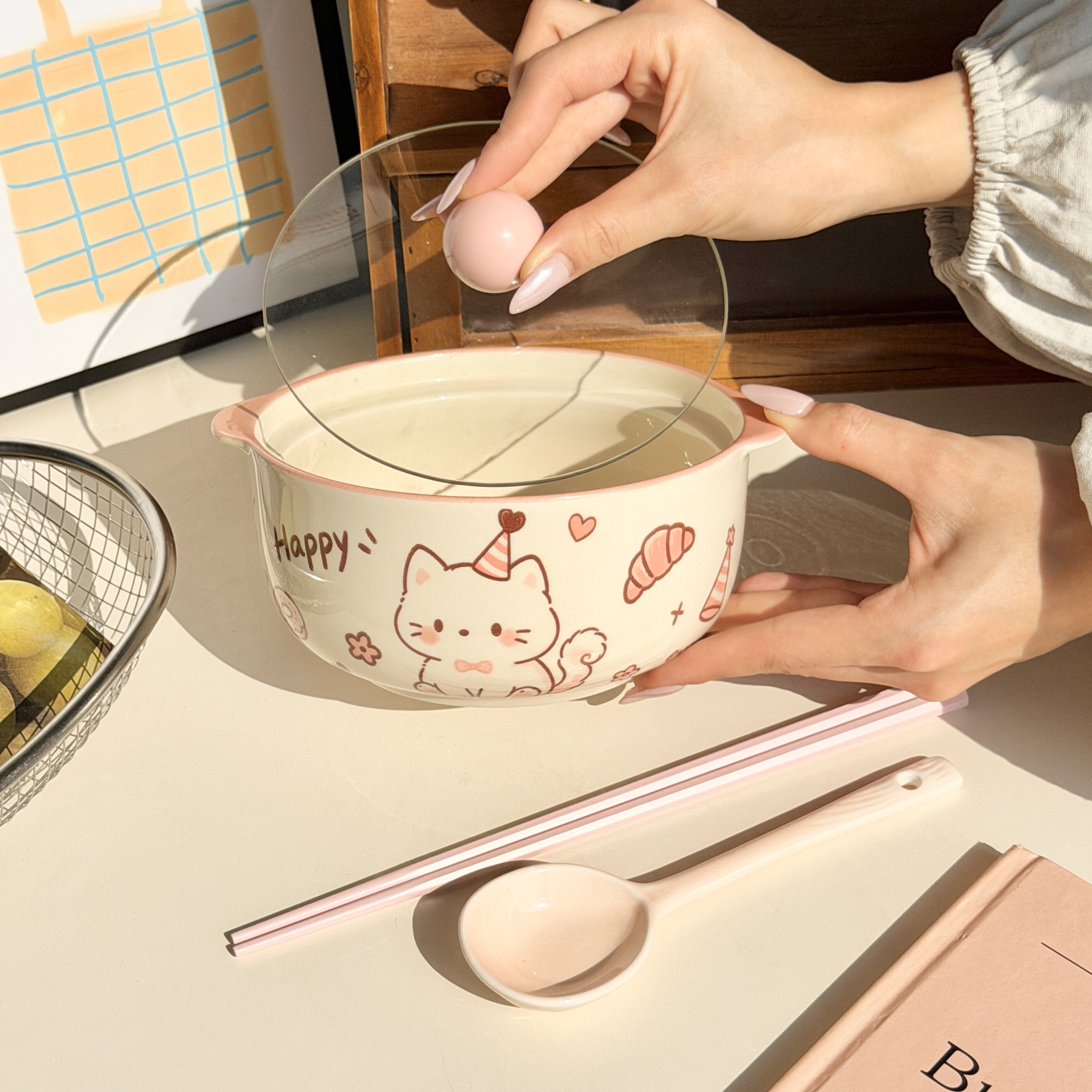 可爱粉色少女心猫咪泡面碗釉下彩陶瓷面碗勺筷学生宿舍一人食餐具