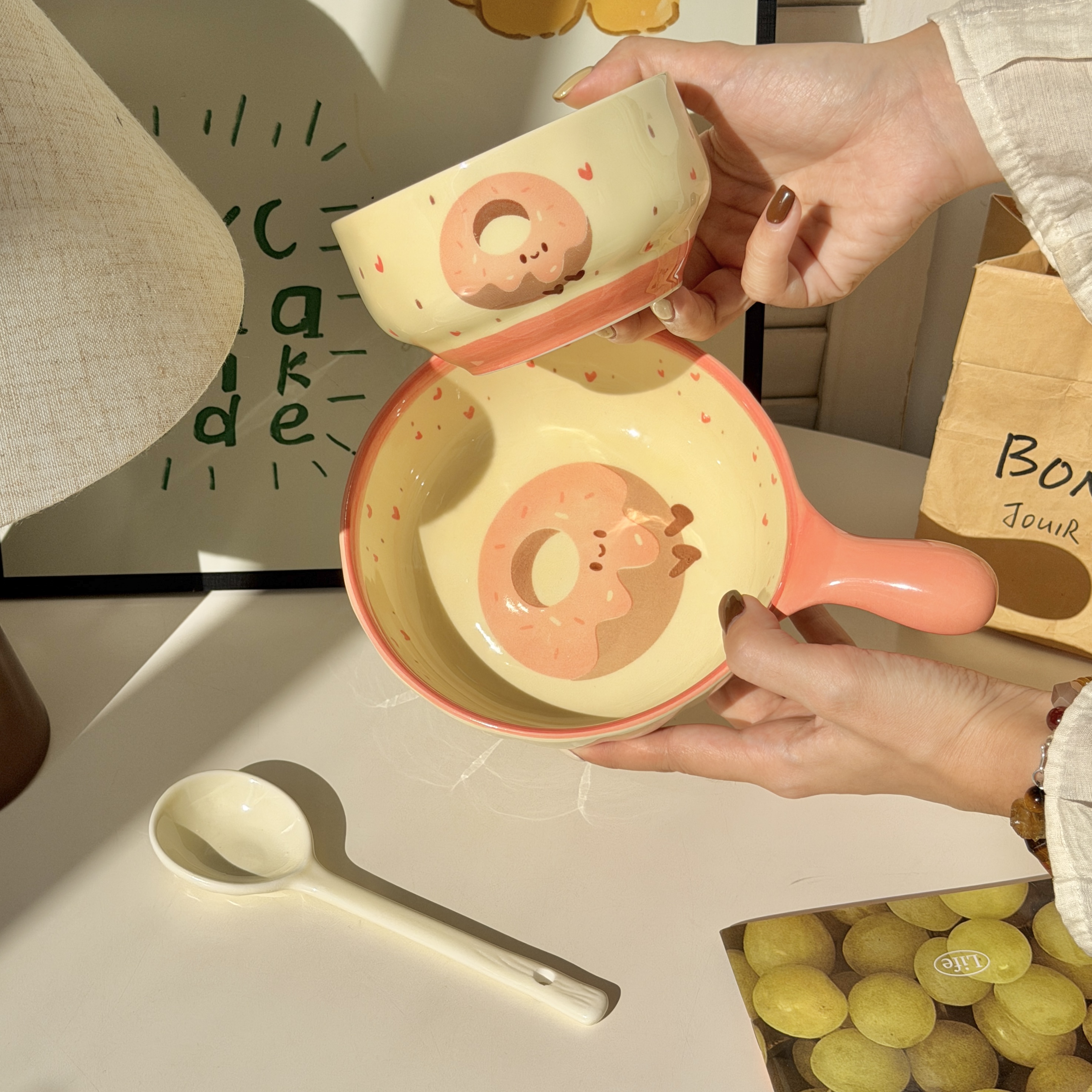 奶油风少女心甜甜手柄碗学生一人食餐具套装手柄碗焗饭碗螺蛳粉碗