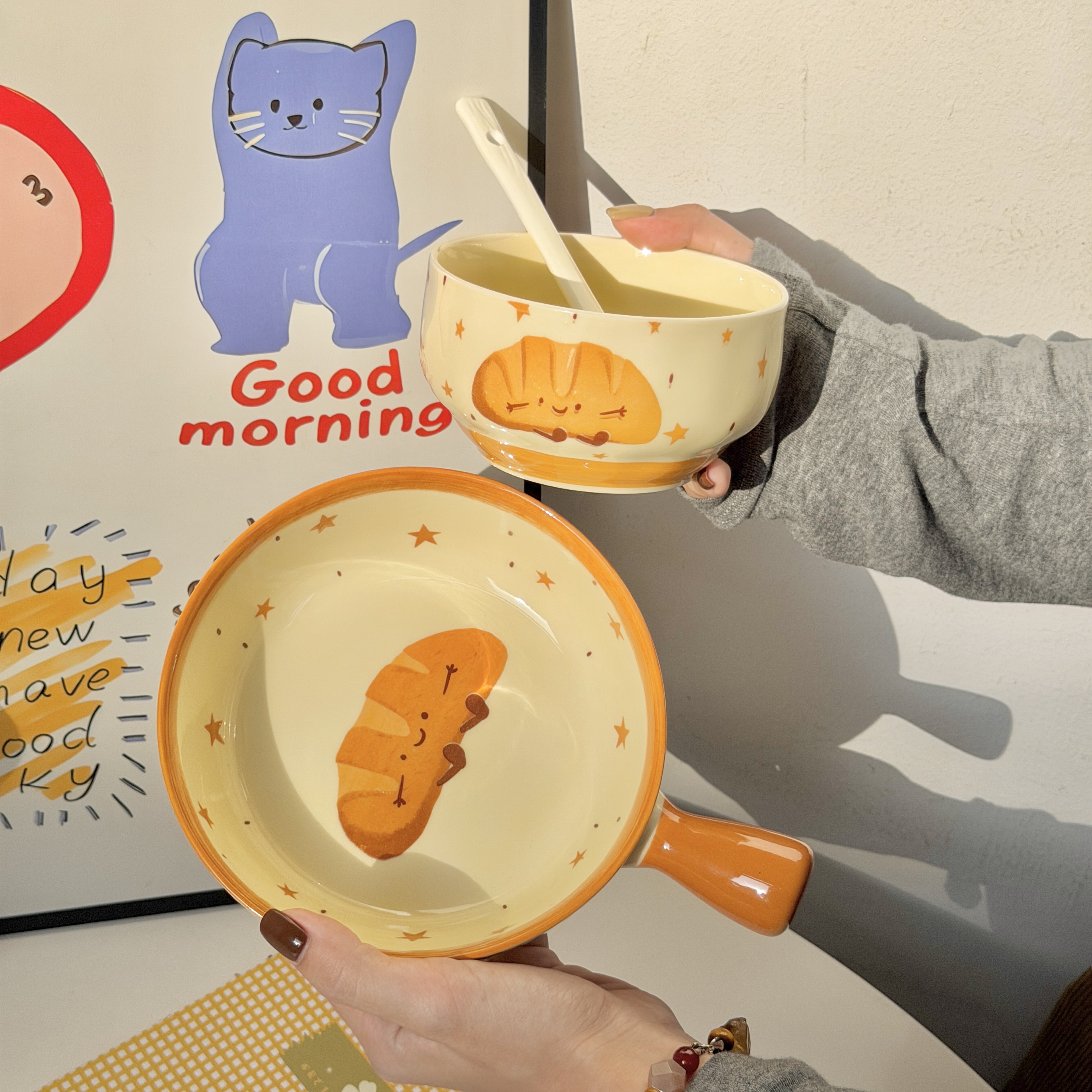 高颜值釉下彩奶油风可颂面包一人食餐具套装手柄碗焗饭碗螺蛳粉碗