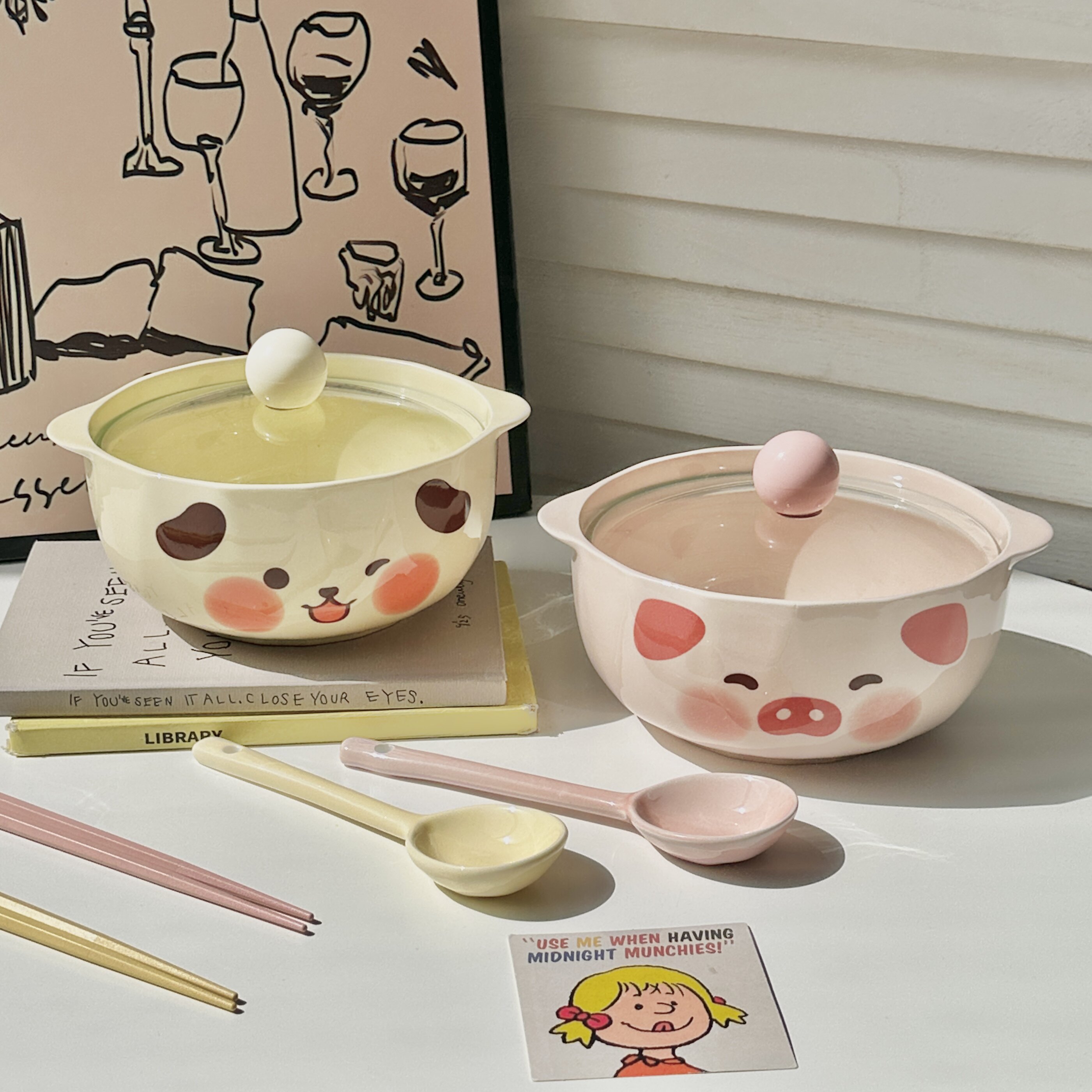 可爱粉猪猪泡面碗带盖陶瓷釉下彩可微波炉学生宿舍方便面碗大容量,餐饮具,泡面碗,淘宝优惠券,粉丝福利购,淘宝优惠卷