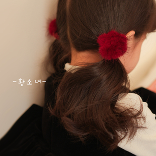 黄小妞韩系手工毛绒发圈女红色毛球发绳氛围感秋冬新年发饰