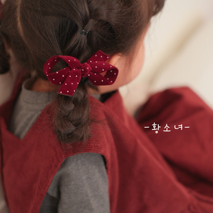 黄小妞波点蝴蝶结发绳女童秋冬百搭酒红色发饰高弹力皮筋