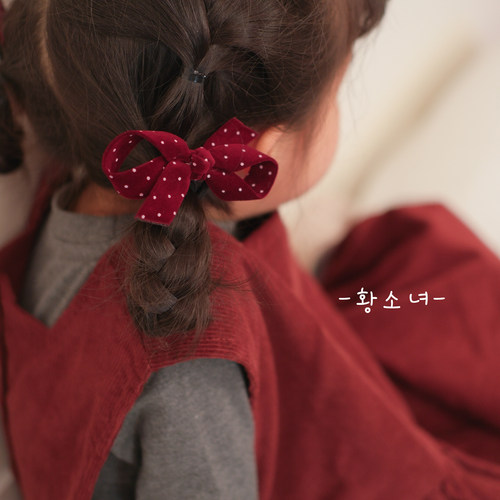 黄小妞女童酒红波点蝴蝶结皮筋