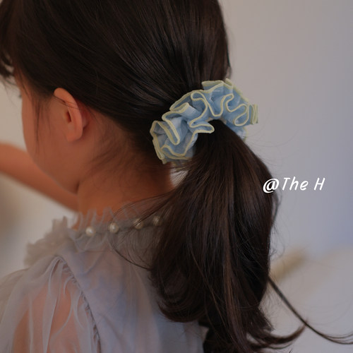 夏日清新蓝色格纹大肠女童发圈