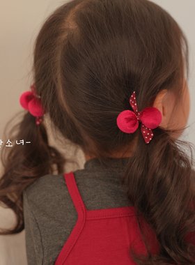 超洋气韩系儿童扎马尾头绳新年气质耐看丝绒球球橡皮筋红色发饰