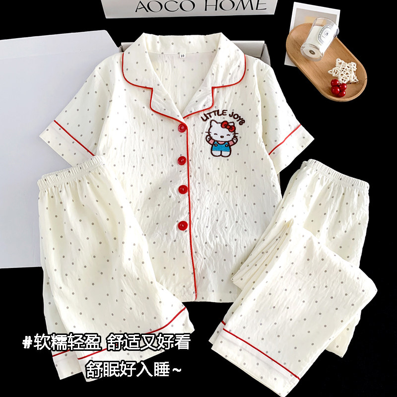 女童睡衣夏季短袖长裤纯棉三件套中大童小女孩卡通KT猫家居服套装