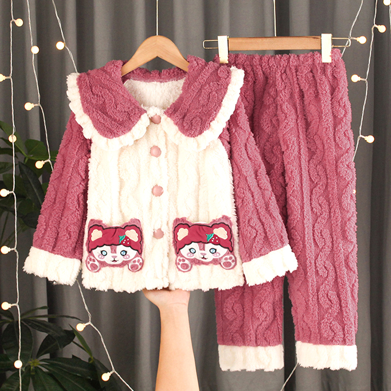 儿童法兰绒睡衣秋冬季女童家居服