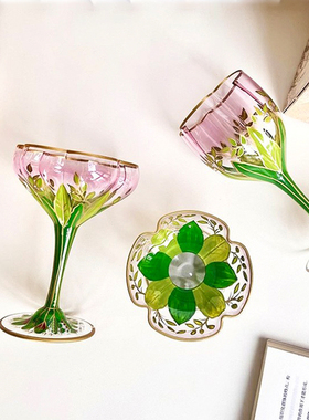 奥地利vintage中古酒具香槟杯水晶玻璃手绘冰激凌碗花高脚红酒杯