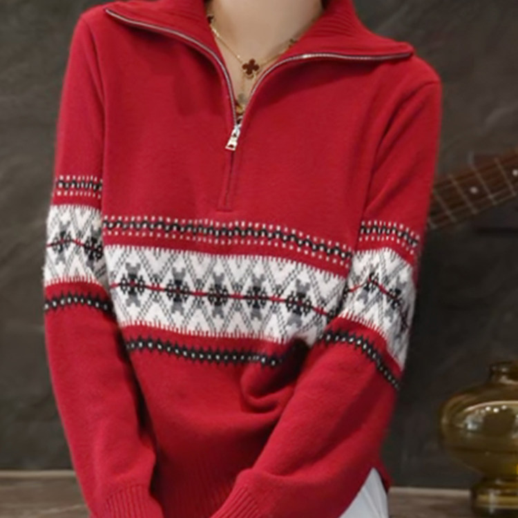 费尔岛风红色半拉链针织衫女款秋冬保暖提花毛衣减龄长袖宽松上衣