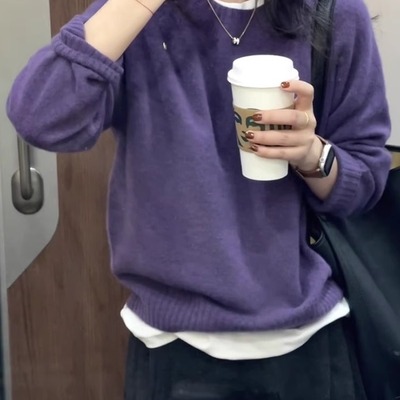 2025多巴胺紫色圆领毛衣女款慵懒风宽松保暖软糯百搭秋冬长袖上衣