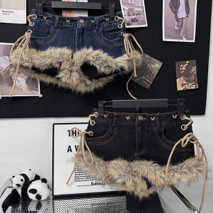 短裤 BIG 女早秋百搭设计感热裤 辣妹毛毛边破洞牛仔裤 子 BIU美式