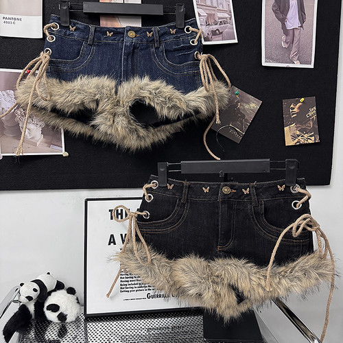 美式辣妹毛毛边破洞牛仔裤